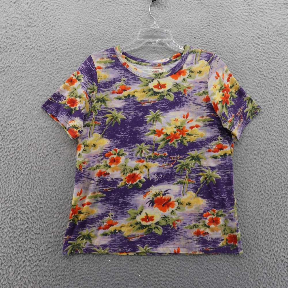 Faherty Hawaiian Print T‎ Shirt M Purple Floral Organic Cotton Crewneck Women
